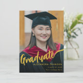 Elegant Afstuderen Photo Gold Script Zwart Aankondiging (Staand voorkant)