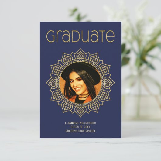 Elegant Afstuderen School Mandala Goud Blauw Aankondiging (Staand voorkant)