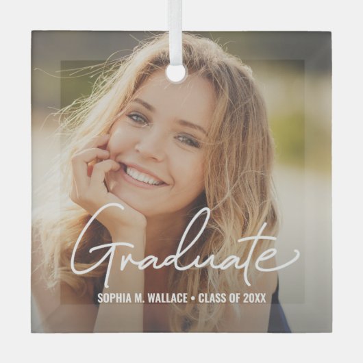 Elegant Afstuderen script gepersonaliseerde foto Glas Ornament (Voorkant)