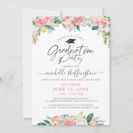 Elegant Afstuderen Waterverf Floral Script roze Kaart (Voorkant)