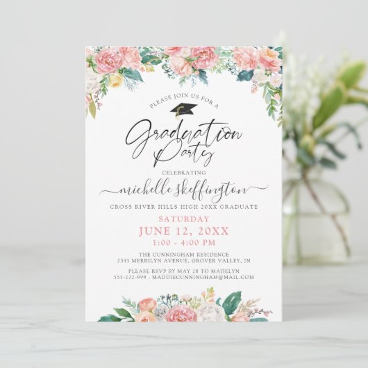 Elegant Afstuderen Waterverf Floral Script roze Kaart (Staand voorkant)