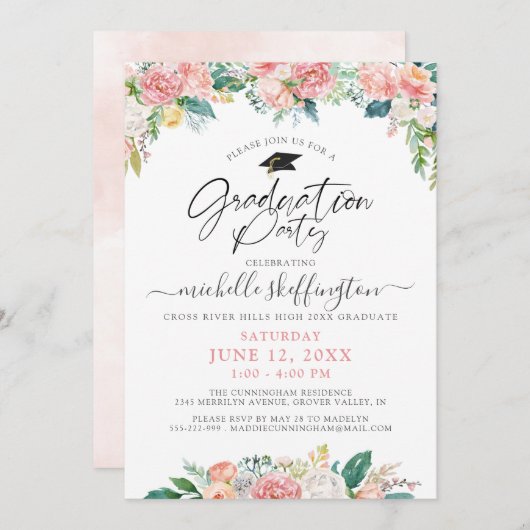 Elegant Afstuderen Waterverf Floral Script roze Kaart (Voorkant / Achterkant)
