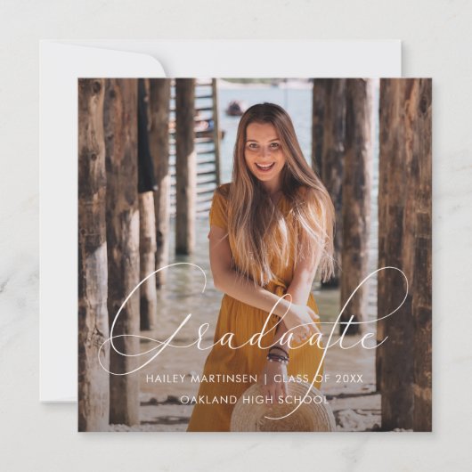 Elegant Afstuderen White Script Photo Red Notitiekaartje (Voorkant)