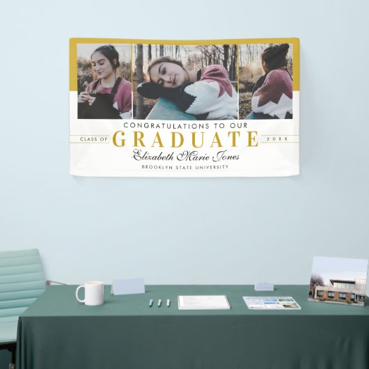 Elegant Afstuderen Wit Goud Afstuderen 3 Foto Spandoek (Beurs)