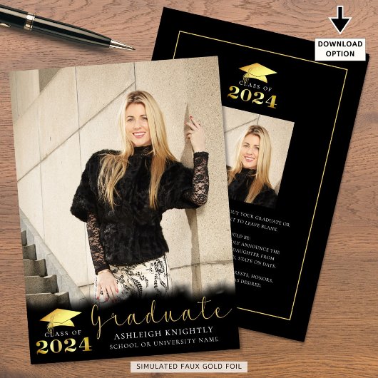 Elegant Afstuderen Zwart Faux Gold Metallic 2 foto Aankondiging