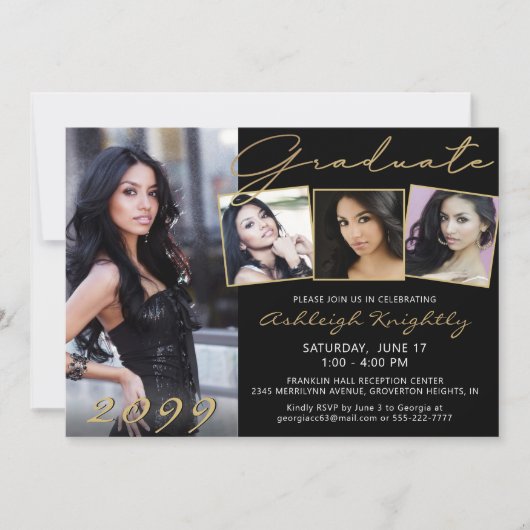 Elegant Afstuderen Zwart Goud Script 4 Foto Kaart (Voorkant)