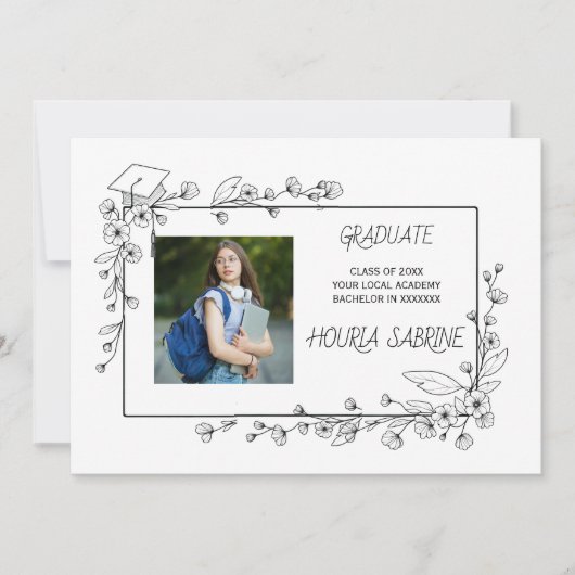 Elegant Afstuderen Zwart-wit Bloemenrand Aankondiging (Voorkant)