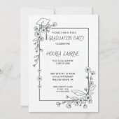 Elegant Afstuderen Zwart-wit Bloemenrand Kaart (Voorkant)