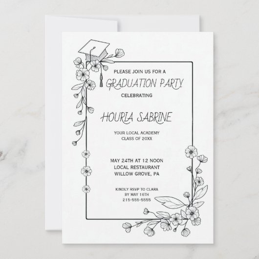 Elegant Afstuderen Zwart-wit Bloemenrand Kaart (Voorkant)