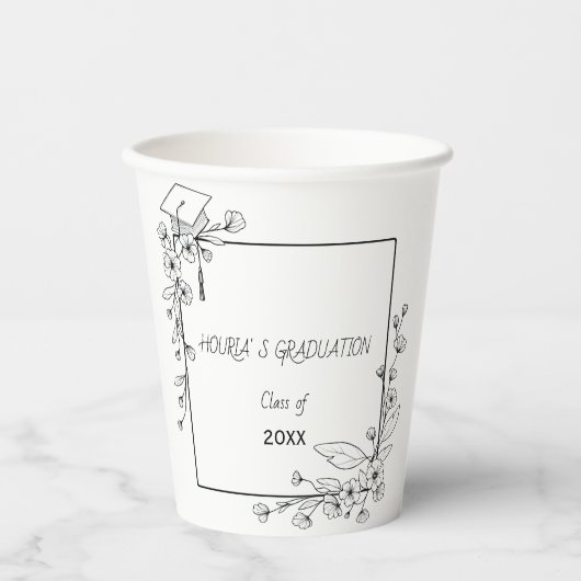 Elegant Afstuderen Zwart-wit Bloemenrand Papieren Bekers (Voorkant)