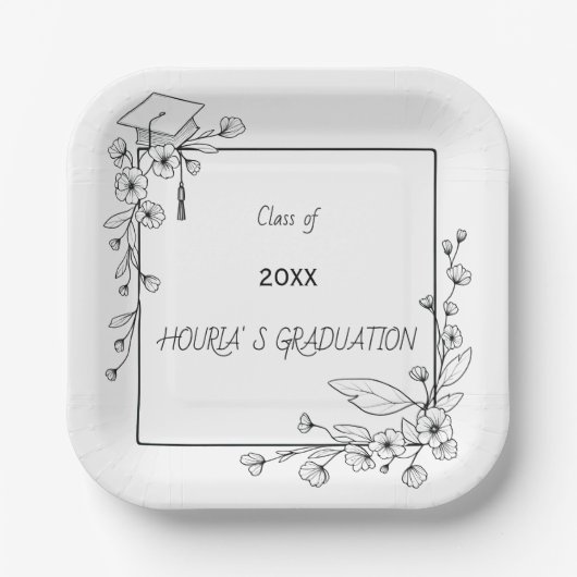 Elegant Afstuderen Zwart-wit Bloemenrand Papieren Bordje (Voorkant)