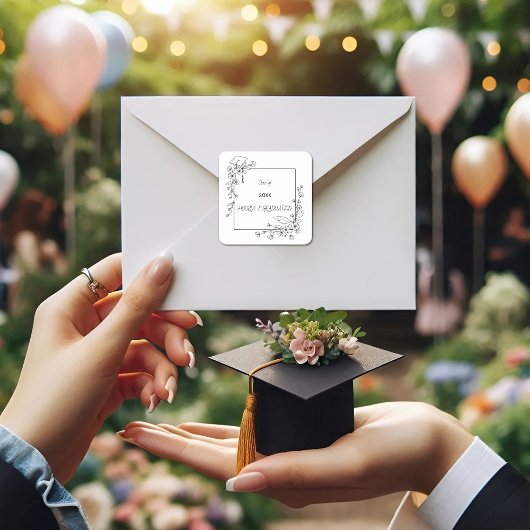 Elegant Afstuderen Zwart-wit Bloemenrand Vierkante Sticker