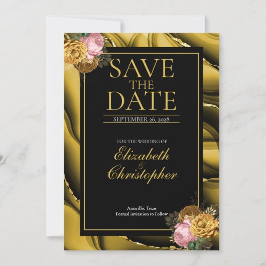 Elegant Agaat Goud Zwart Bloemen Bruiloft Save The Date (Voorkant)