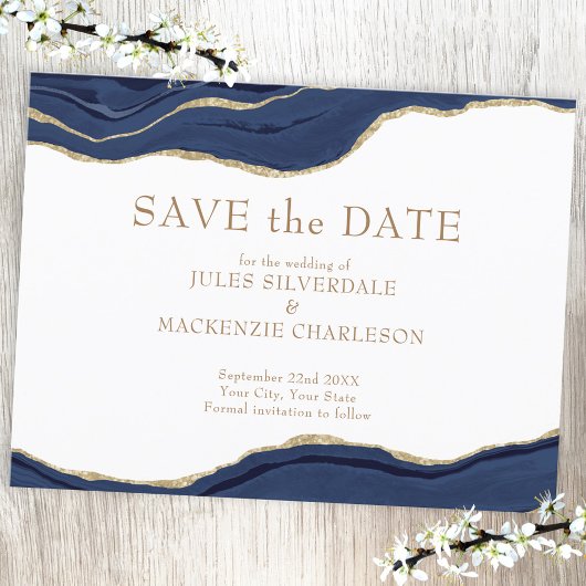 Elegant Agaat Save the Date Navy Blue Gold Glitter Briefkaart