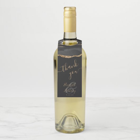 Elegant Agate Black Gold Donkere bruiloft Hartelij Flessenhanger (Op fles)