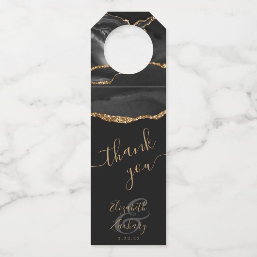Elegant Agate Black Gold Donkere bruiloft Hartelij Flessenhanger (Voorkant)