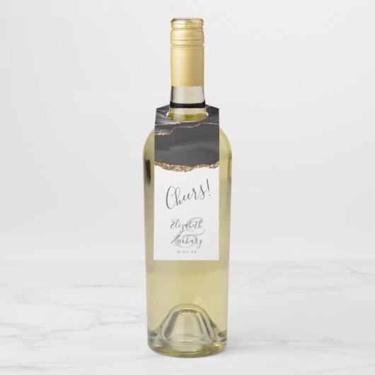 Elegant Agate Black Gold Wedding Cheers Flessenhanger (Op fles)