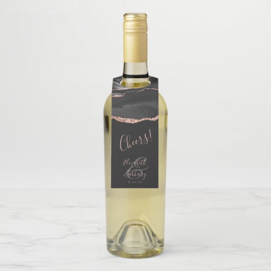 Elegant Agate Black Roos Gold Dark Weddenschappen Flessenhanger (Op fles)