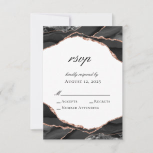Elegant Agate Black White Roos Gold Wedding RSVP Kaartje