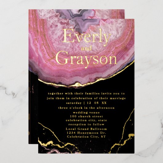 Elegant Agate Blush Pink & Gold Wedding Folie Uitnodiging (Voorkant / Achterkant)