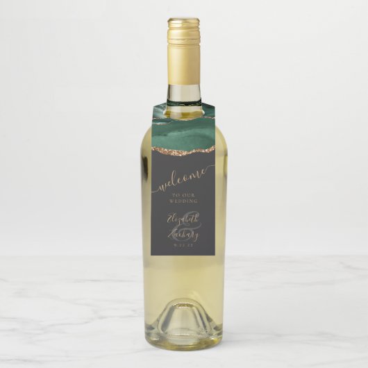 Elegant Agate Emerald Green Gold Wedding Welkom Flessenhanger (Op fles)