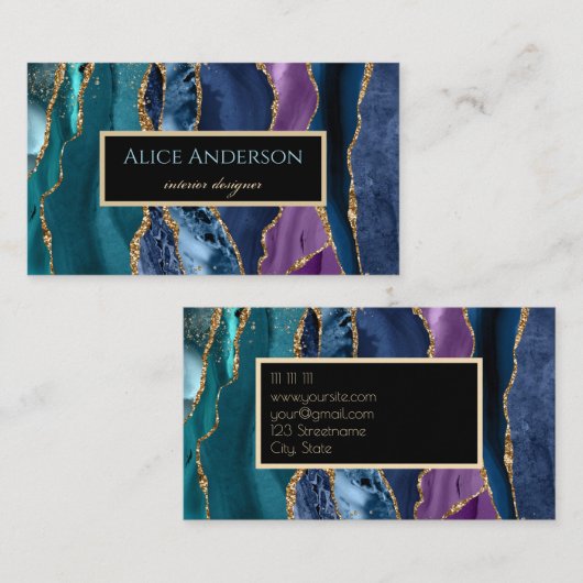 Elegant Agate Gold blauw groene zwarte ontwerper B Visitekaartje (Voorkant / Achterkant)