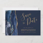 Elegant Agate Navy Blue Gold Save the Date Kaart (Voorkant)