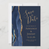 Elegant Agate Navy Blue Gold Save the Date Kaart (Voorkant)