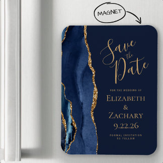 Elegant Agate Navy Blue Gold Save the Date Magneet