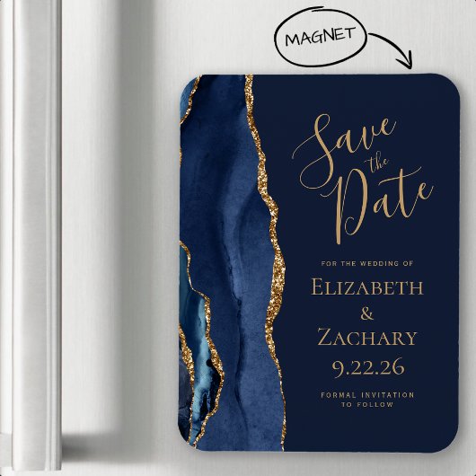 Elegant Agate Navy Blue Gold Save the Date Magneet