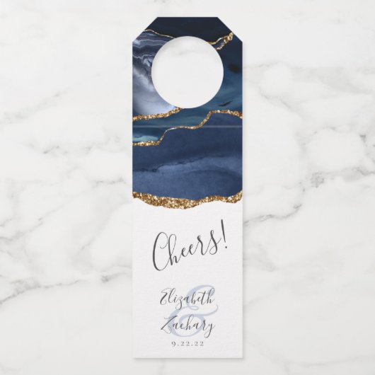 Elegant Agate Navy Blue Gold Wedding Cheers Flessenhanger (Voorkant)