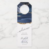 Elegant Agate Navy Blue Gold Wedding Welkom Flessenhanger (Voorkant)