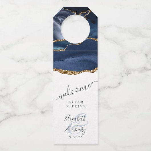 Elegant Agate Navy Blue Gold Wedding Welkom Flessenhanger (Voorkant)