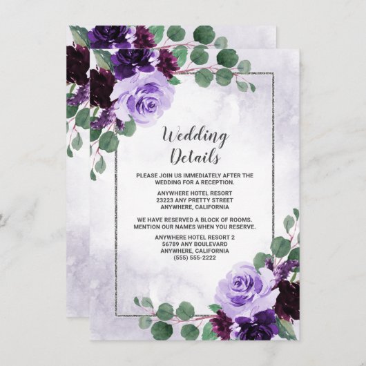 Elegant Airy Boho Floral Paars en Silver Wedding Informatiekaartje (Voorkant / Achterkant)