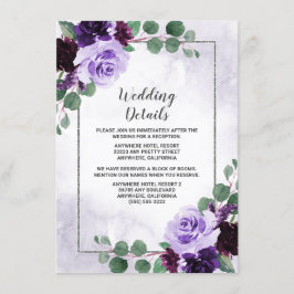 Elegant Airy Boho Floral Paars en Silver Wedding Informatiekaartje