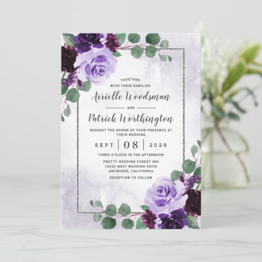 Elegant Airy Boho Floral Paars en Silver Wedding Kaart (Staand voorkant)