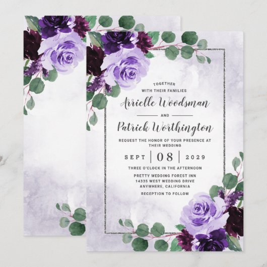 Elegant Airy Boho Floral Paars en Silver Wedding Kaart (Voorkant / Achterkant)