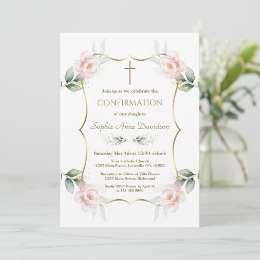 Elegant Airy Greenery Pink Floral Confirmation Kaart (Staand voorkant)