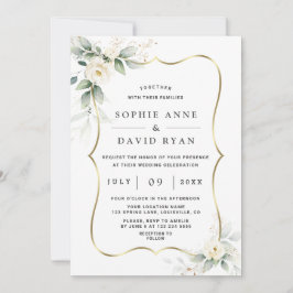 Elegant Airy Greenery White Flowers Gold Wedding Kaart