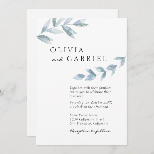 Elegant airy waterverf folio botanical bruiloft kaart (Voorkant / Achterkant)