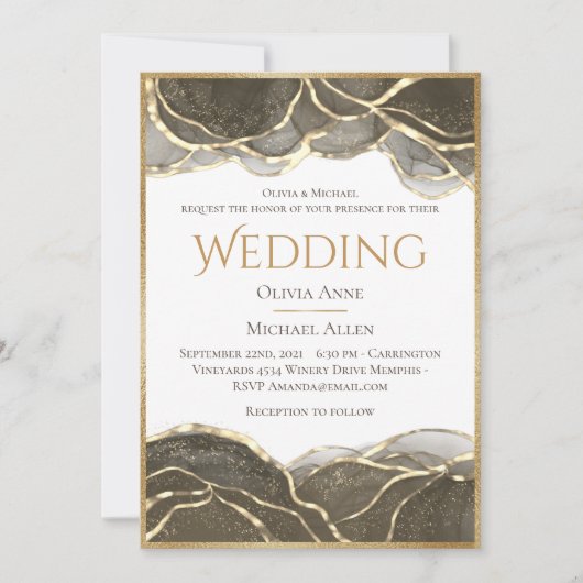 Elegant Alcohol Ink Gold Black Wedding Kaart (Voorkant)