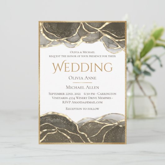 Elegant Alcohol Ink Gold Black Wedding Kaart (Staand voorkant)
