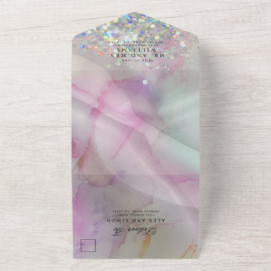 Elegant alcohol Ink Marble Holographic Glitter All In One Uitnodiging (Buitenkant)