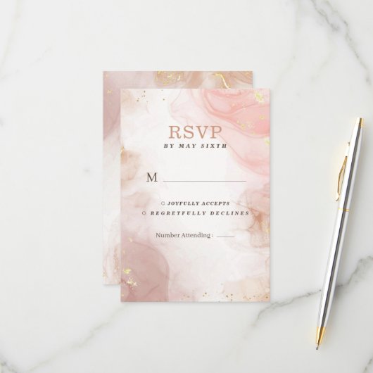Elegant alcoholinkt Gold Blush Pink Minimale Moder RSVP Kaartje (Voorkant / Achterkant in situ)