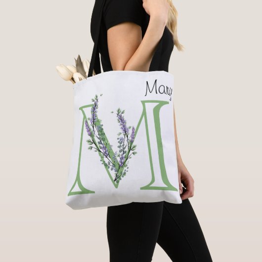 Elegant alfabet letter M Lavendel Eucalyptus Tote Bag (Dichtbij)