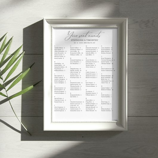 Elegant Alfabetical Wedding Seding Chart Poster