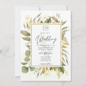 Elegant All-in-1 Greenery Gold Leaves Wedding Kaart (Voorkant)