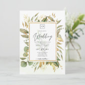 Elegant All-in-1 Greenery Gold Leaves Wedding Kaart (Staand voorkant)