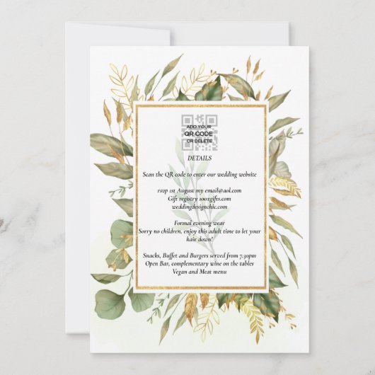 Elegant All-in-1 Greenery Gold Leaves Wedding Kaart (Achterkant)