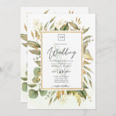 Elegant All-in-1 Greenery Gold Leaves Wedding Kaart (Voorkant / Achterkant)